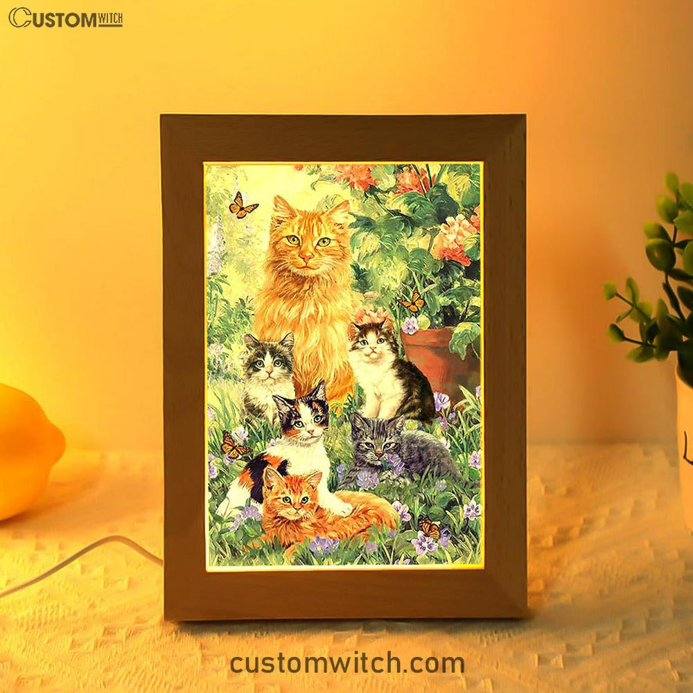 Cat Painting Purple Flower Garden Peace Frame Lamp Frame Lamp Art - Christian Night Light - Bible Verse Wooden Lamp