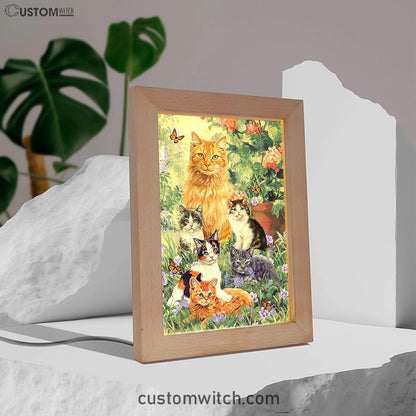 Cat Painting Purple Flower Garden Peace Frame Lamp Frame Lamp Art - Christian Night Light - Bible Verse Wooden Lamp