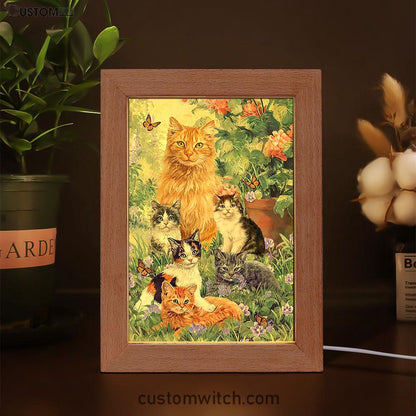 Cat Painting Purple Flower Garden Peace Frame Lamp Frame Lamp Art - Christian Night Light - Bible Verse Wooden Lamp