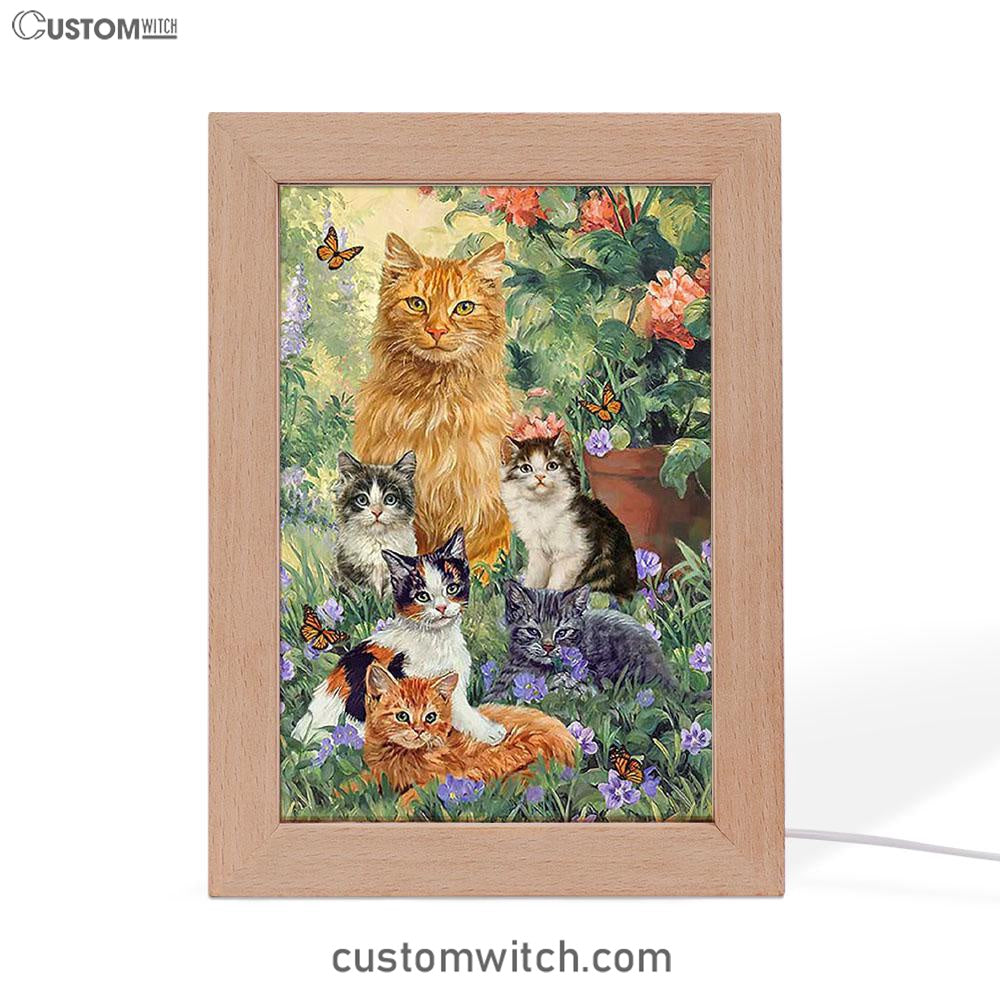 Cat Painting Purple Flower Garden Peace Frame Lamp Frame Lamp Art - Christian Night Light - Bible Verse Wooden Lamp