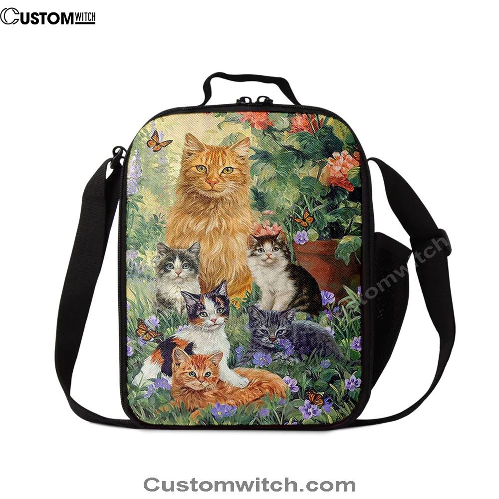 Cat Painting Purple Flower Garden Peace Lunch Bag, Christian Lunch Bag For School, Picnic, Religious Lunch Bag