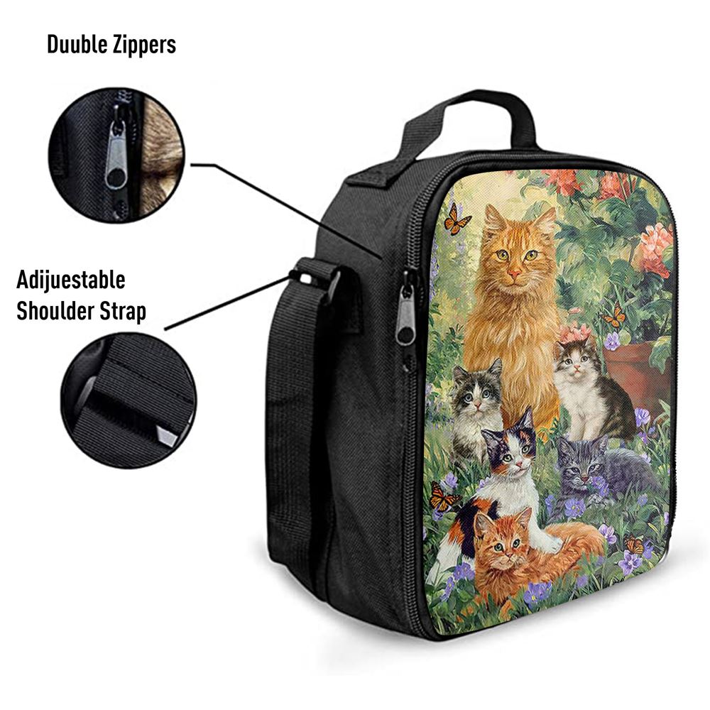 Cat Painting Purple Flower Garden Peace Lunch Bag, Christian Lunch Bag For School, Picnic, Religious Lunch Bag