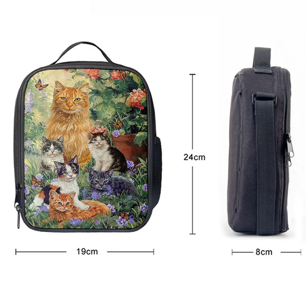 Cat Painting Purple Flower Garden Peace Lunch Bag, Christian Lunch Bag For School, Picnic, Religious Lunch Bag