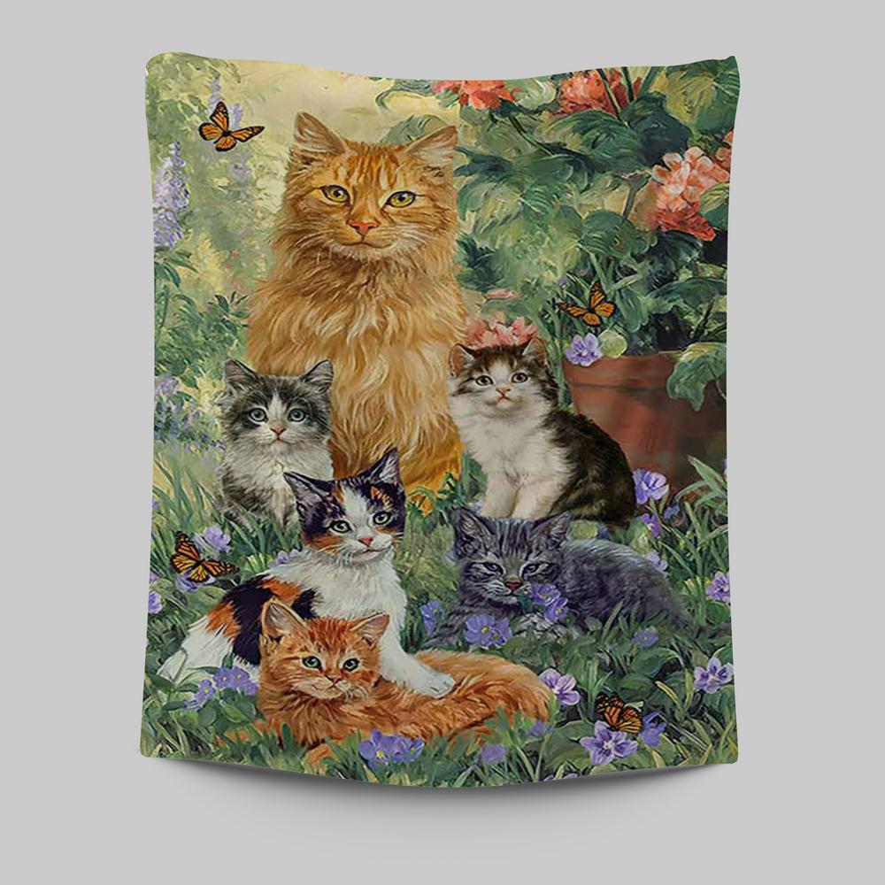 Cat Painting Purple Flower Garden Peace Tapestry Tapestry Wall Art - Christian Tapestries Prints - Bible Verse Tapestry Art
