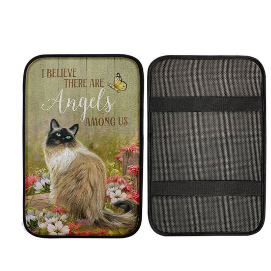 Cat Pink Flower Garden - I Believe There Are Angels Among Us Car Center Console Cover, Religious Car Armrest Accessories
