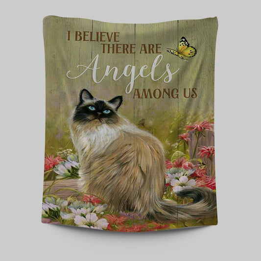 Cat Pink Flower Garden - I Believe There Are Angels Among Us Tapestry Wall Art - Christian Tapestries Prints