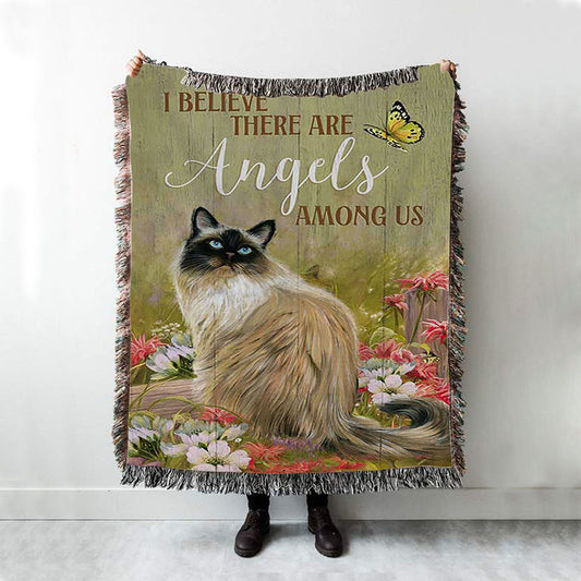 Cat Pink Flower Garden - I Believe There Are Angels Among Us Woven Throw Blanket - Christian Woven Blanket Prints