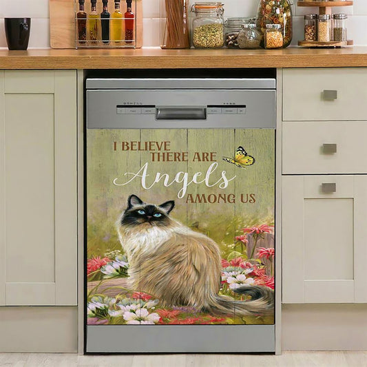 Cat Pink Flower Garden I Believe There Are Angels Among Us Dishwasher Cover, Christian Dishwasher Magnet Cover