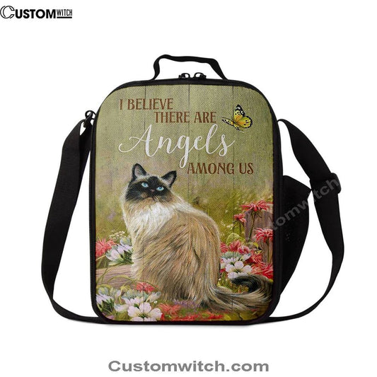 Cat Pink Flower Garden Lunch Bag, I Believe There Are Angels Among Us Lunch Bag, Christian Lunch Bag For School, Picnic, Religious Lunch Bag