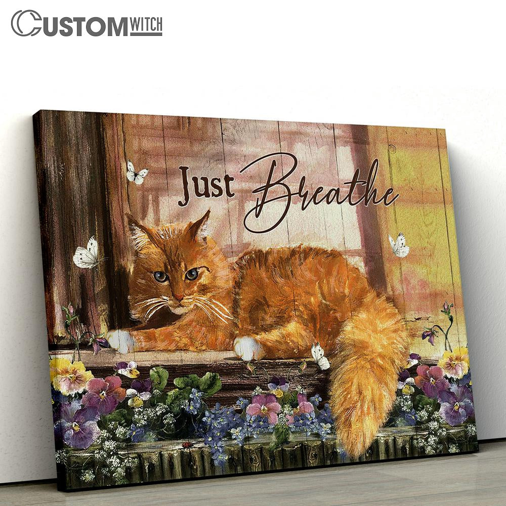 Cat Purple Flower Just Breathe Canvas Wall Art - Bible Verse Canvas - Religious Prints