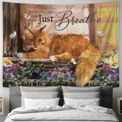 Cat Purple Flower Just Breathe Tapestry Wall Art - Bible Verse Tapestry - Religious Tapestry Wall Hanging