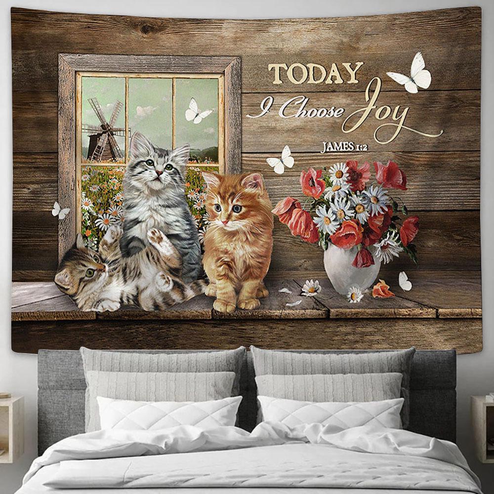 Cat Red Poppy Today I Choose Joy Tapestry Wall Art - Bible Verse Tapestry - Religious Tapestry Wall Hanging