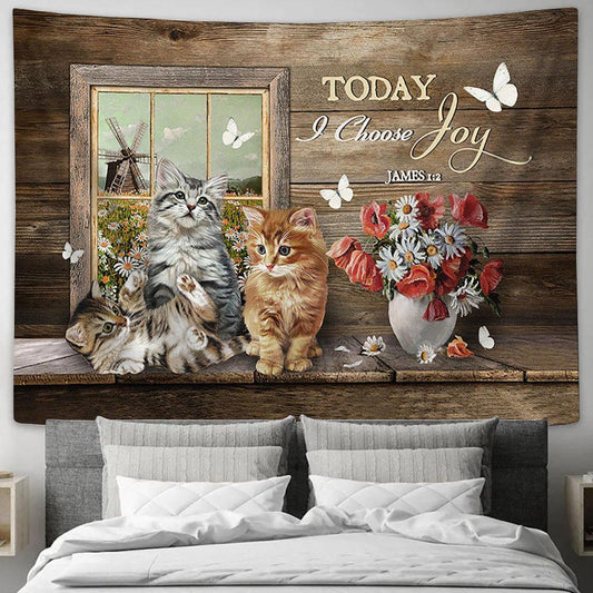 Cat Red Poppy Today I Choose Joy Tapestry Wall Art - Bible Verse Tapestry - Religious Tapestry Wall Hanging