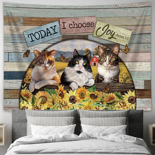 Cat Sunflower Field Today I Choose Joy Tapestry Wall Art - Bible Verse Tapestry - Religious Tapestry Wall Hanging