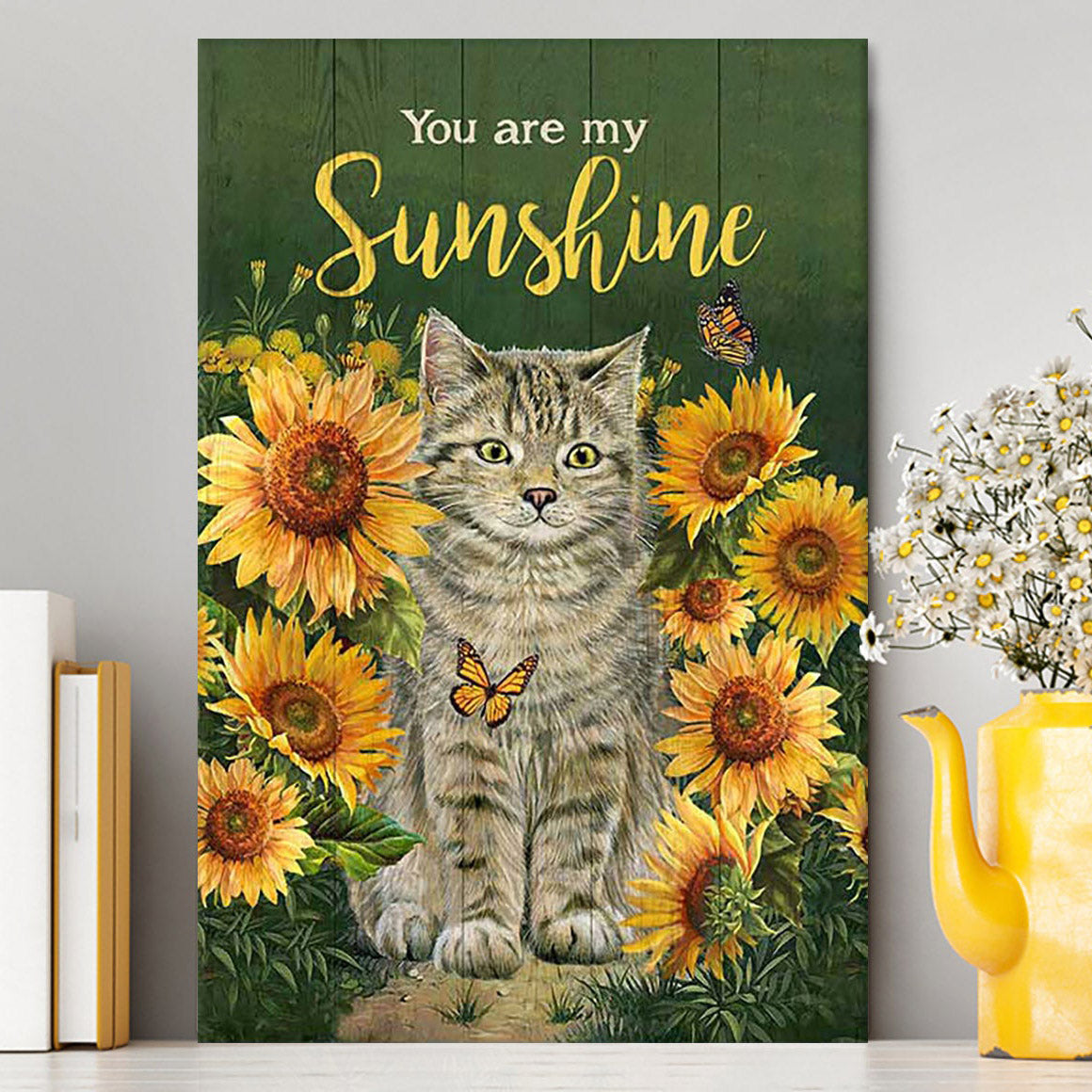 Cat Sunflower Garden Green Background - You Are My Sunshine Canvas Wall Art - Christian Canvas Prints