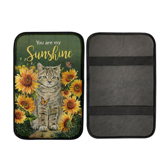 Cat Sunflower Garden Green Background - You Are My Sunshine Car Center Console Cover, Religious Car Armrest Accessories