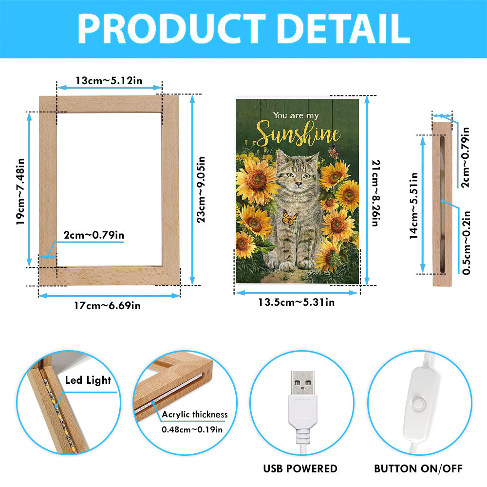Cat Sunflower Garden Green Background - You Are My Sunshine Frame Lamp Art - Christian Night Light