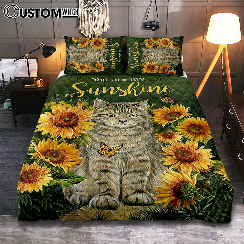Cat Sunflower Garden Green Background - You Are My Sunshine Quilt Bedding Set Bedroom - Christian Quilt Bedding Set Prints