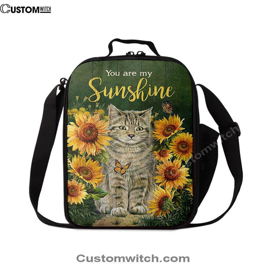 Cat Sunflower Garden Green Background Lunch Bag, You Are My Sunshine Lunch Bag, Christian Lunch Bag For School, Picnic, Religious Lunch Bag