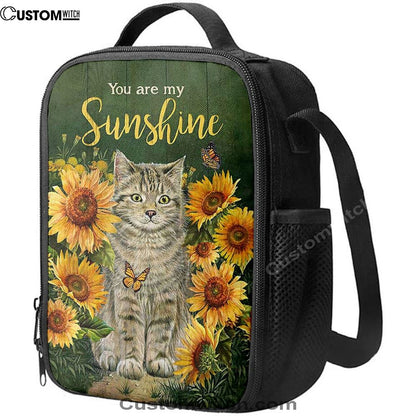 Cat Sunflower Garden Green Background Lunch Bag, You Are My Sunshine Lunch Bag, Christian Lunch Bag For School, Picnic, Religious Lunch Bag