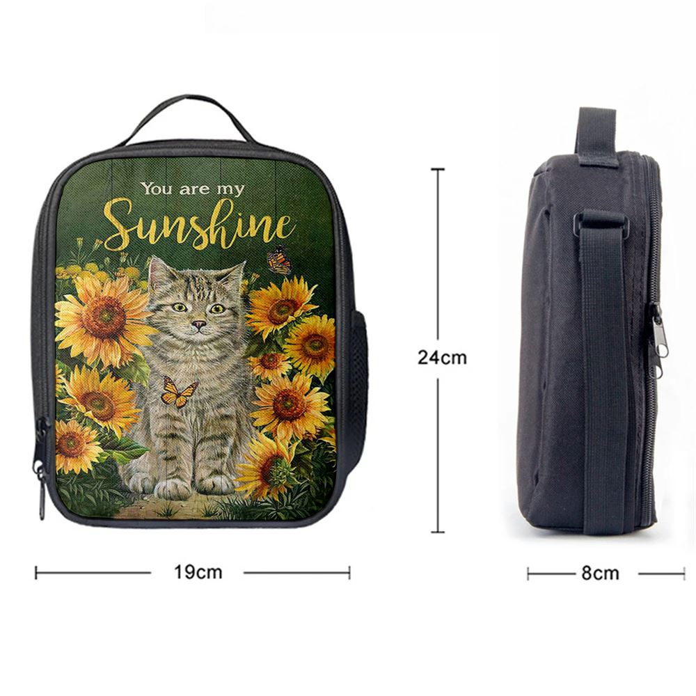 Cat Sunflower Garden Green Background Lunch Bag, You Are My Sunshine Lunch Bag, Christian Lunch Bag For School, Picnic, Religious Lunch Bag
