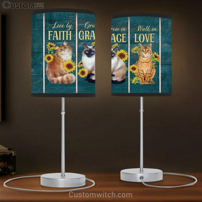Cat Sunflower Live By Faith Walk In Love Table Lamb Gift - Bible Verse Table Lamb - Religious Bedroom Decor