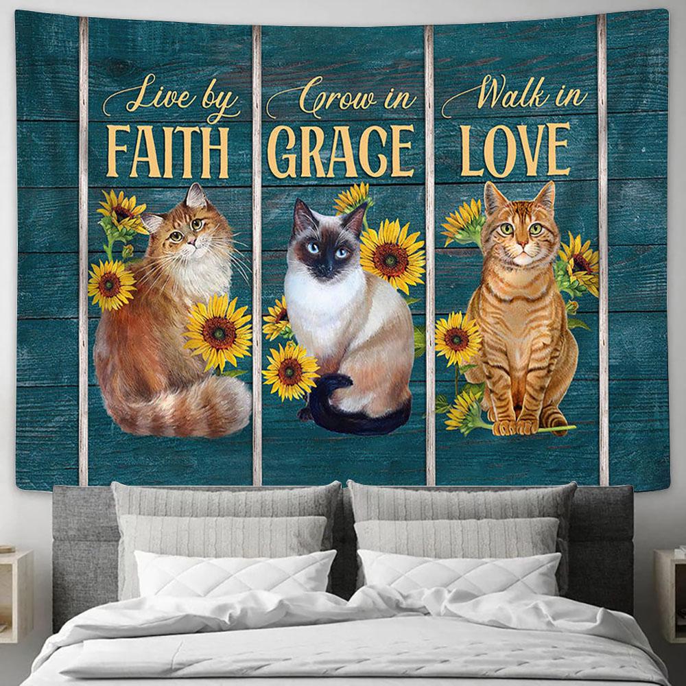 Cat Sunflower Live By Faith Walk In Love Tapestry Wall Art - Bible Verse Tapestry - Religious Tapestry Wall Hanging