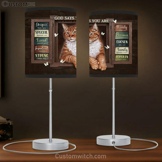 Cat White Butterfly God Says You Are Unique Table Lamb Gift - Bible Verse Table Lamb - Religious Bedroom Decor