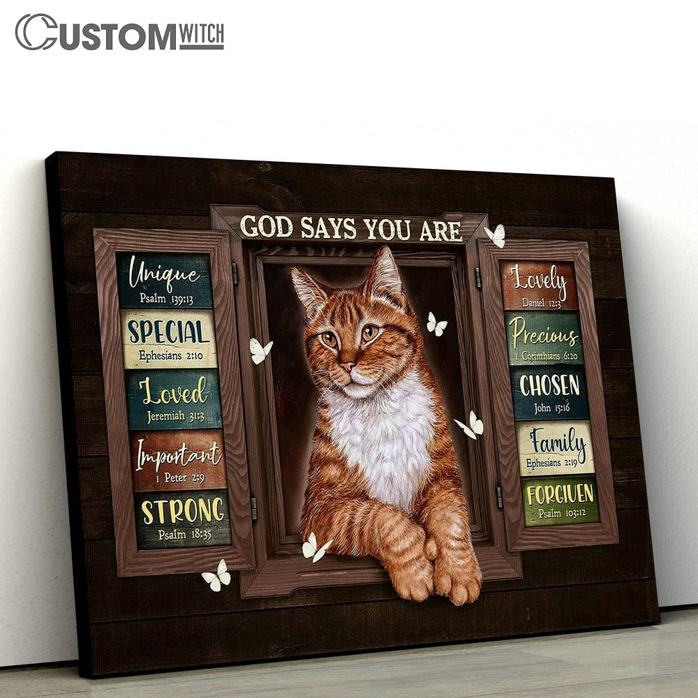 Cat White Butterfly God Says You Are Unique Canvas Wall Art - Bible Verse Canvas - Religious Prints