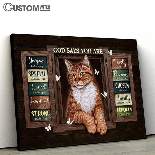 Cat White Butterfly God Says You Are Unique Canvas Wall Art - Bible Verse Canvas - Religious Prints