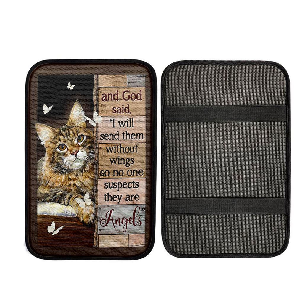Cat White Butterfly I Will Send Them Without Wings Car Center Console Cover - Gift For Cat Lover, Religious Car Armrest Accessories