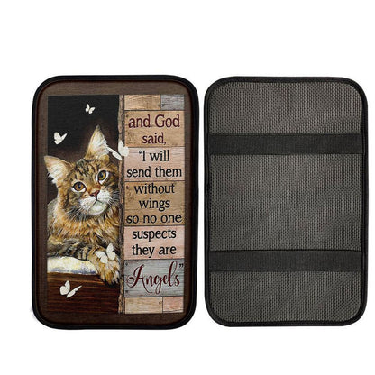 Cat White Butterfly I Will Send Them Without Wings Car Center Console Cover - Gift For Cat Lover, Religious Car Armrest Accessories