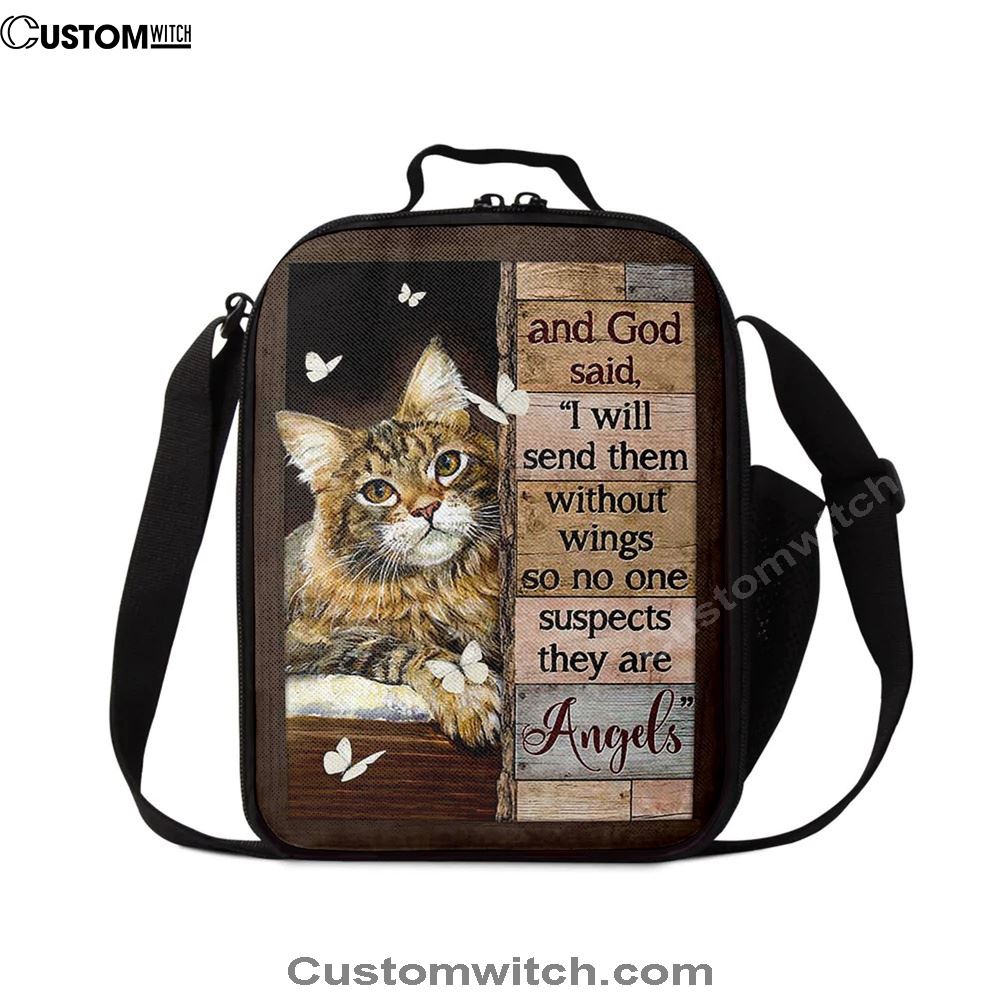 Cat White Butterfly I Will Send Them Without Wings Lunch Bag, Christian Lunch Bag For School, Picnic, Religious Lunch Bag