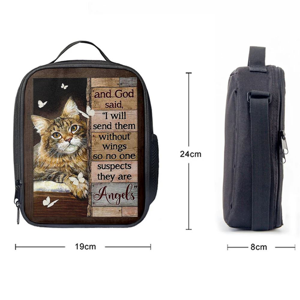 Cat White Butterfly I Will Send Them Without Wings Lunch Bag, Christian Lunch Bag For School, Picnic, Religious Lunch Bag