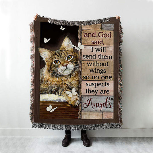Cat White Butterfly I Will Send Them Without Wings Woven Blanket Art - Christian Throw Blanket Decor - Gift For Cat Lover
