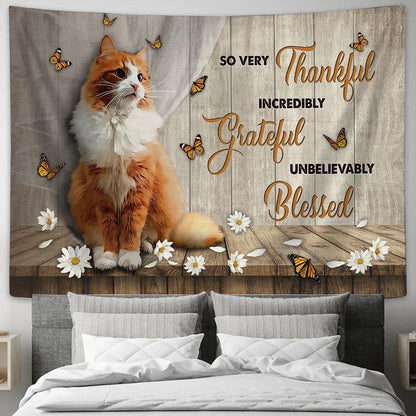 Cat White Daisy So Very Thankful Tapestry Wall Art - Bible Verse Tapestry - Religious Tapestry Wall Hanging