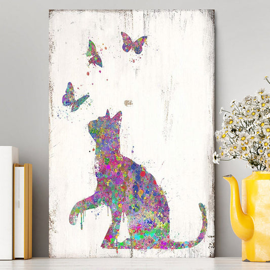Cat With Butterflies Canvas Wall Art - Decoration For Bedroom, Bathroom, Childrens, Girls, Baby Kids Room Or Nursery