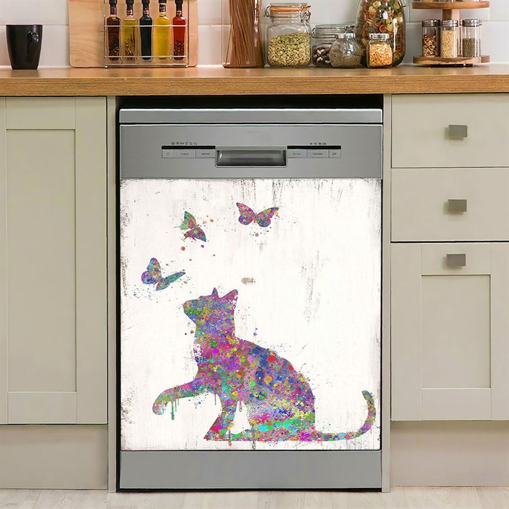 Cat With Butterflies Dishwasher Cover, Decoration For Bedroom, Bathroom, Childrens, Girls, Baby Kids Room Or Nursery