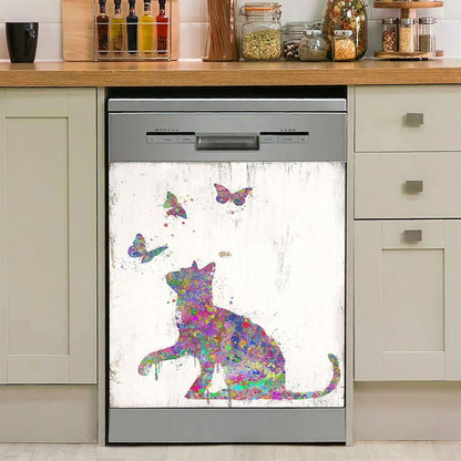 Cat With Butterflies Dishwasher Cover, Decoration For Bedroom, Bathroom, Childrens, Girls, Baby Kids Room Or Nursery
