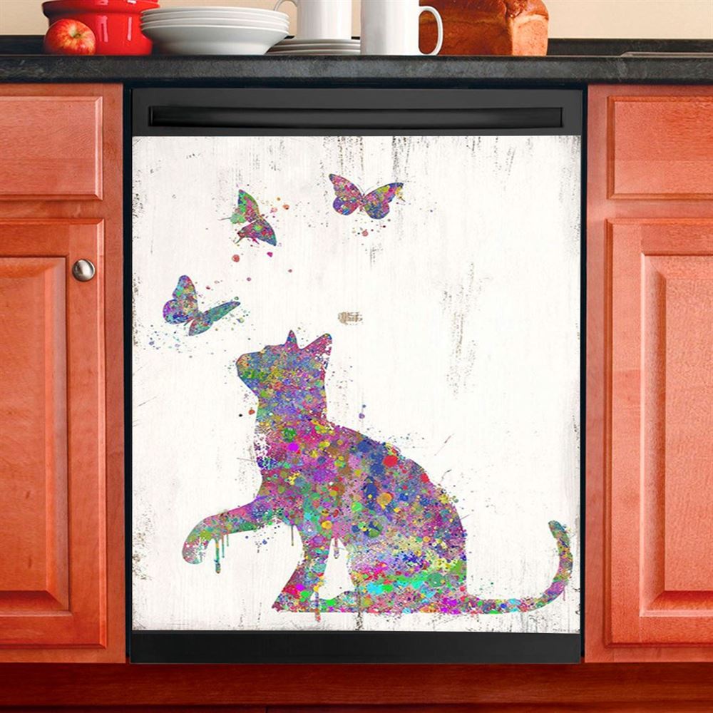 Cat With Butterflies Dishwasher Cover, Decoration For Bedroom, Bathroom, Childrens, Girls, Baby Kids Room Or Nursery