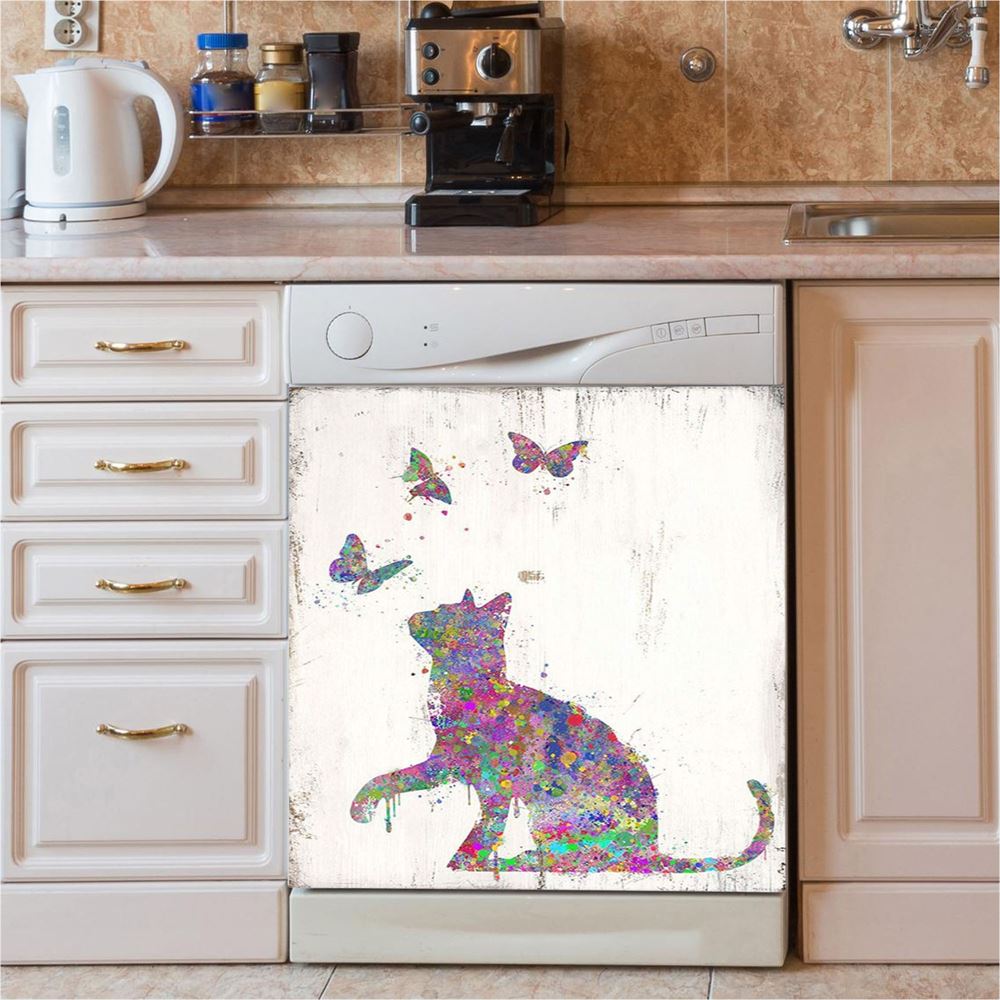 Cat With Butterflies Dishwasher Cover, Decoration For Bedroom, Bathroom, Childrens, Girls, Baby Kids Room Or Nursery