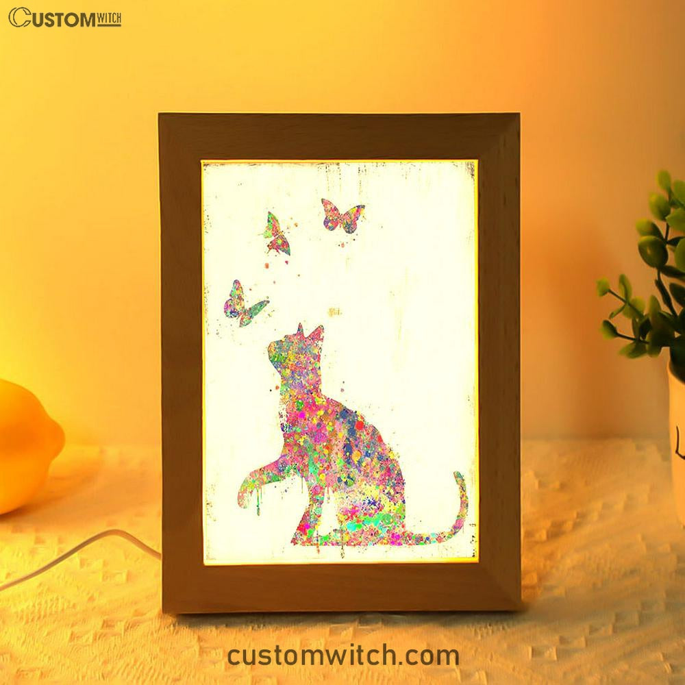 Cat With Butterflies Frame Lamp Art - Decoration For Bedroom, Bathroom, Childrens, Girls, Baby Kids Room Or Nursery