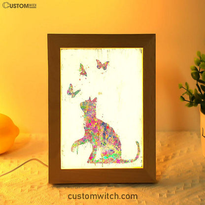 Cat With Butterflies Frame Lamp Art - Decoration For Bedroom, Bathroom, Childrens, Girls, Baby Kids Room Or Nursery