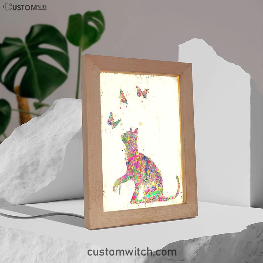 Cat With Butterflies Frame Lamp Art - Decoration For Bedroom, Bathroom, Childrens, Girls, Baby Kids Room Or Nursery