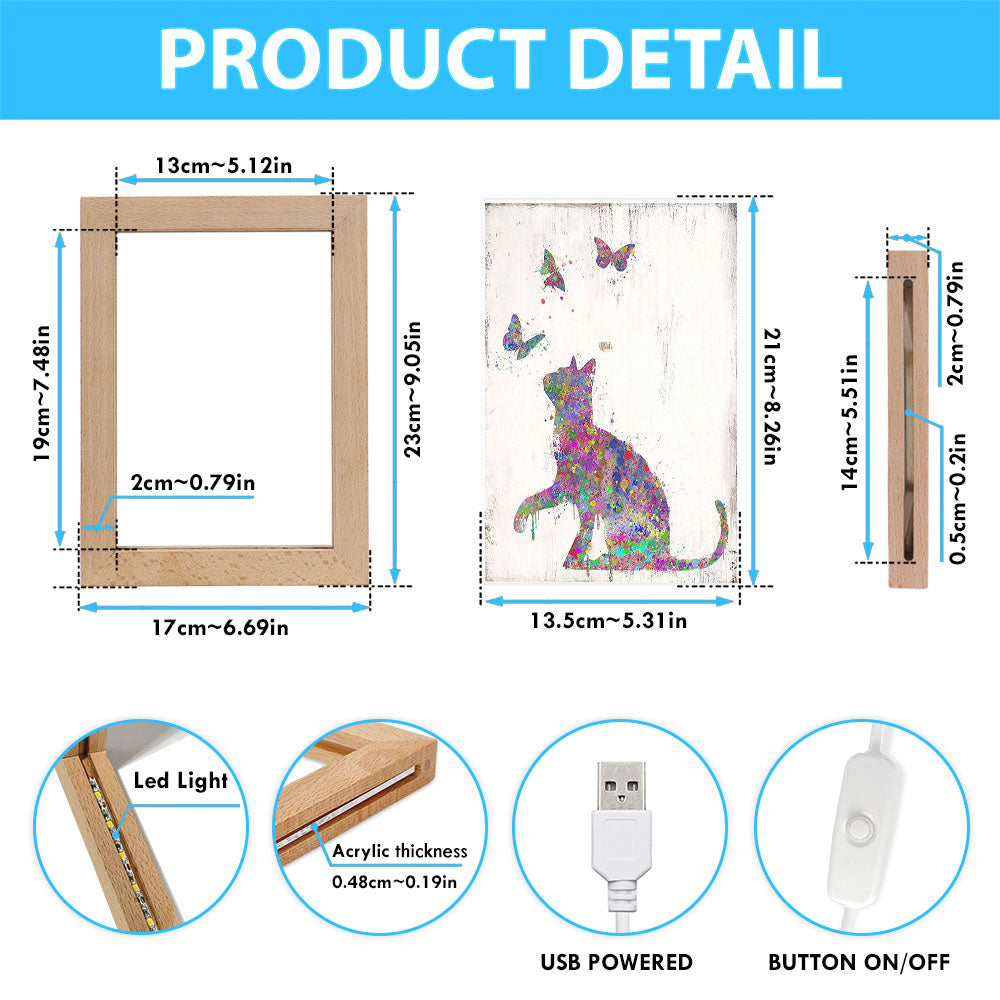 Cat With Butterflies Frame Lamp Art - Decoration For Bedroom, Bathroom, Childrens, Girls, Baby Kids Room Or Nursery