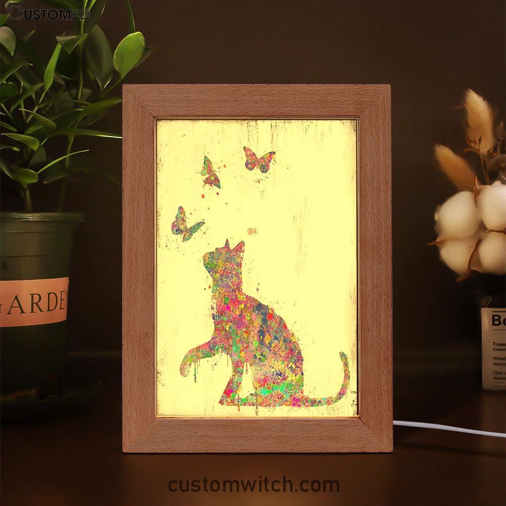 Cat With Butterflies Frame Lamp Art - Decoration For Bedroom, Bathroom, Childrens, Girls, Baby Kids Room Or Nursery