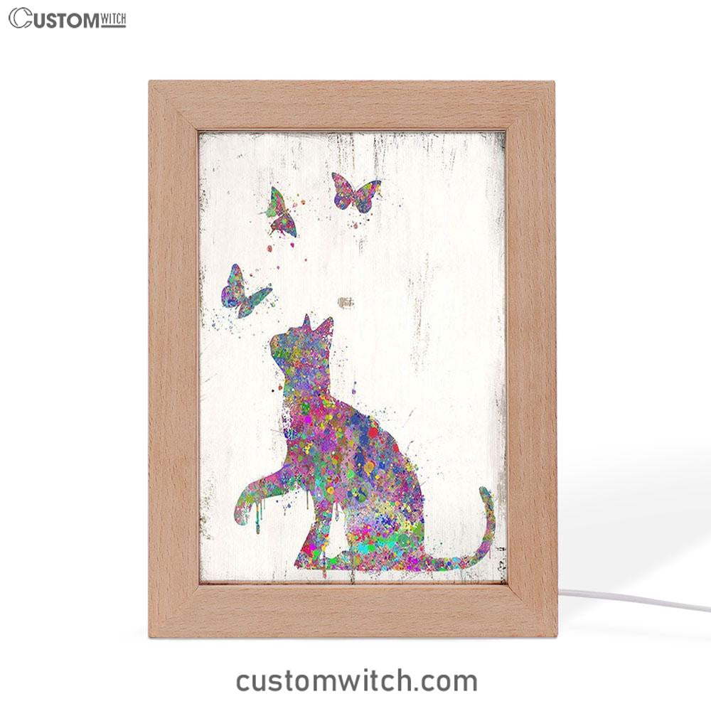 Cat With Butterflies Frame Lamp Art - Decoration For Bedroom, Bathroom, Childrens, Girls, Baby Kids Room Or Nursery