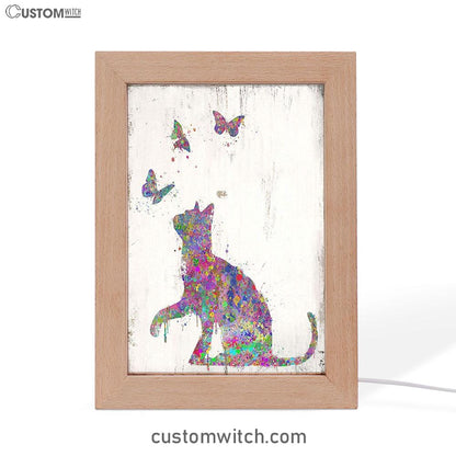 Cat With Butterflies Frame Lamp Art - Decoration For Bedroom, Bathroom, Childrens, Girls, Baby Kids Room Or Nursery