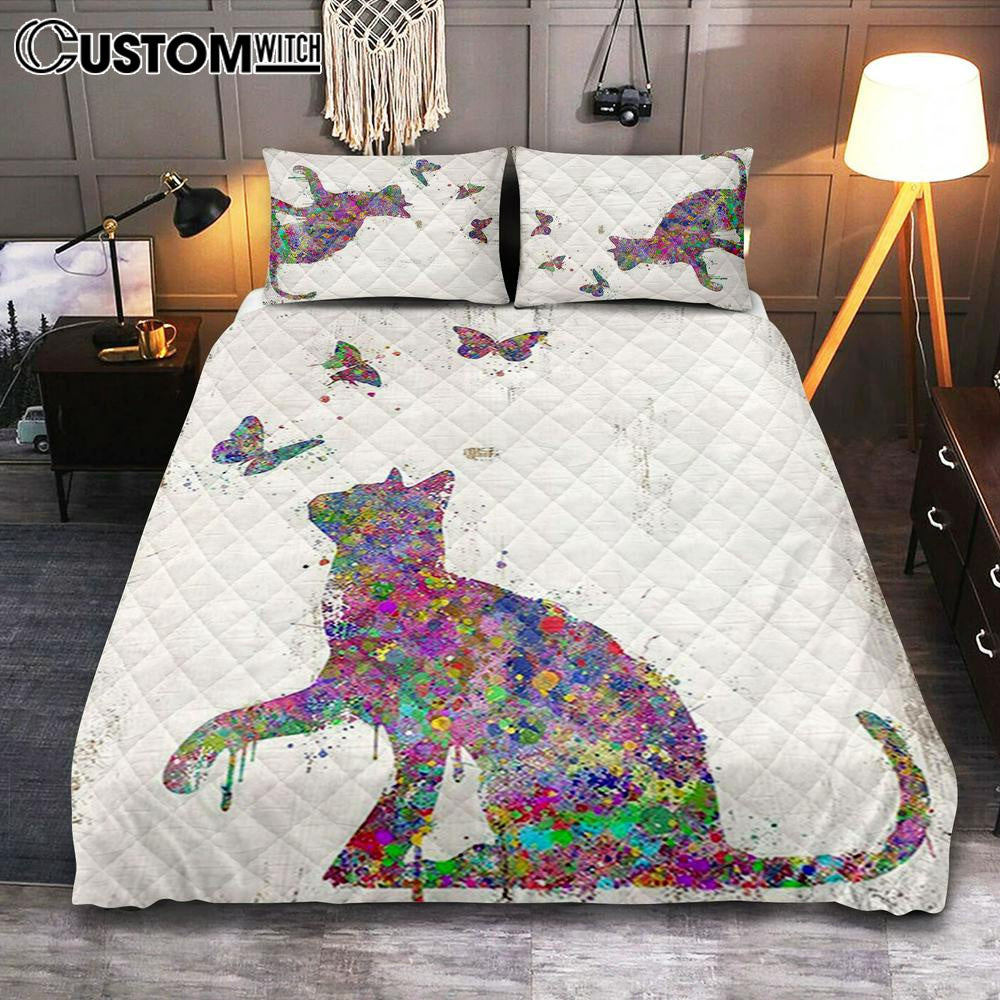 Cat With Butterflies Quilt Bedding Set Bedroom - Decoration For Bedroom, Bathroom, Childrens, Girls, Baby Kids Room Or Nursery