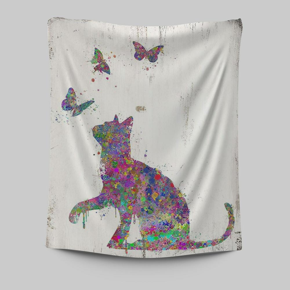Cat With Butterflies Tapestry Wall Art - Decoration For Bedroom, Bathroom, Childrens, Girls, Baby Kids Room Or Nursery